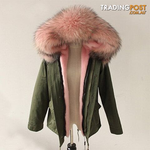 Green parka pink fur / MZippay Women Winter Army Green Jacket Coats Thick Parkas Plus Size Real Fur Collar Hooded Outwear