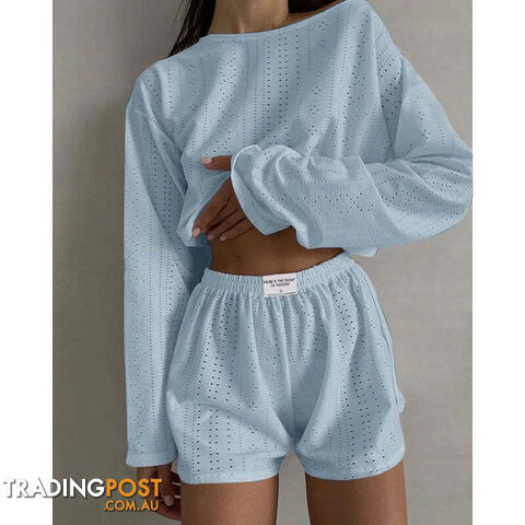 Light Blue / SZippay Women's Pajamas Set Spring Long Sleeve Tops With Shorts Sleepwear 2 Piece Set Loose Round Neck Home Wear Loungewear Pyjama Femme