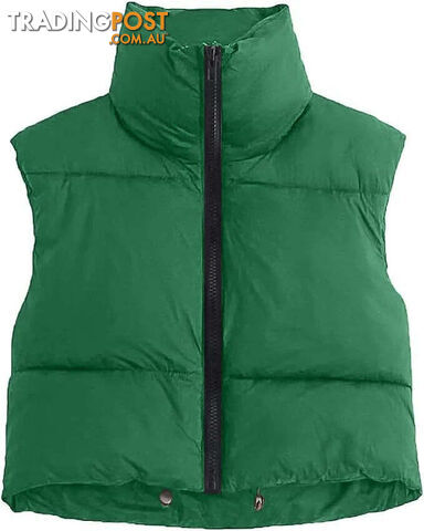 green / SZippay Women's Short Cotton Down Vest Short Stand-up Collar Warm Sleeveless Quilted Vest Outdoor Travel Jacket Tops