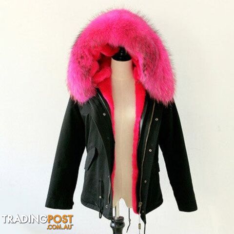 Rose with black tips / MZippay Women Winter Army Green Jacket Coats Thick Parkas Plus Size Real Fur Collar Hooded Outwear