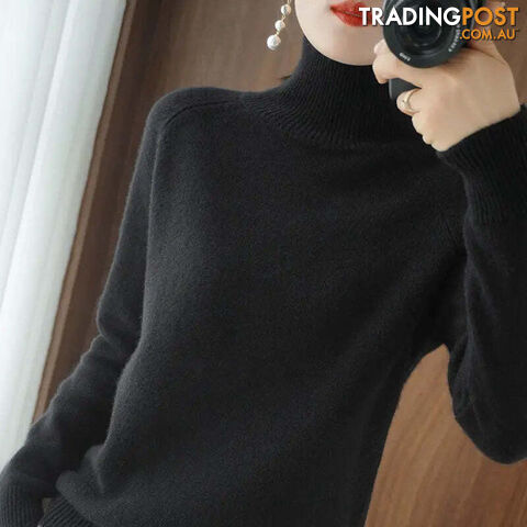 Black / LZippay Turtleneck Pullover Cashmere Sweater Women Pure Color Casual Long-sleeved Loose