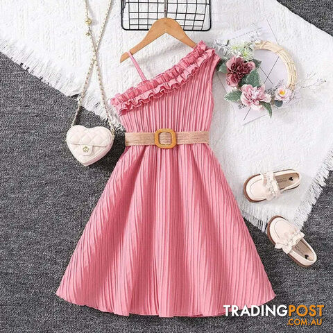 11-12Y / PinkZippay Kids Dress Girls Frill-Trim Asymmetrical Straps A-line Dress Summer Vacation