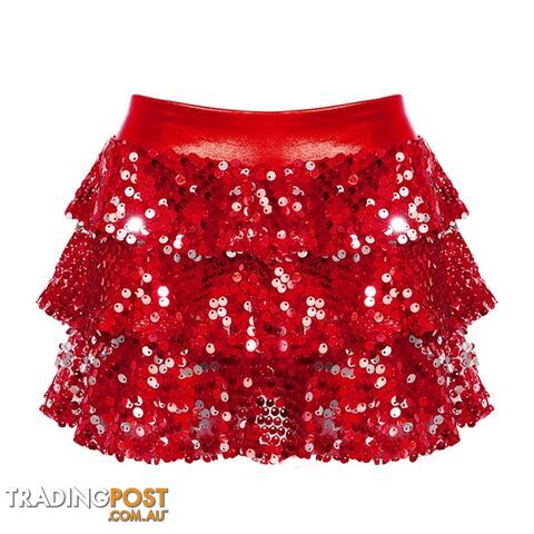 Red / 4Zippay Kids Girls Shiny Sequins Tiered Ruffle Skirted Shorts Metallic Culottes for Latin Jazz Modern Dancing Stage Performance Costume