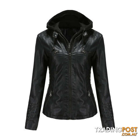 Black / XXXLZippay Plus Size Women Hooded Leather Jacket Removable Leather Jacket