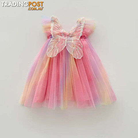 Dazzling rainbow / 12MZippay Girls Organza Wings Rainbow Mesh Dress Sleeve Baby Princess Dress Birthday Party