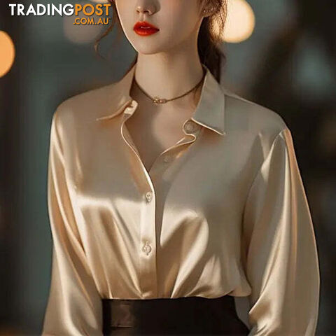 champagne gold / L(52.5-60)kgZippay Women's Solid Color Polo-Neck Button Elegant Loose Long Sleeve Versatile Unique Shirt Tops