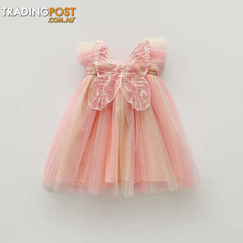 Orange Pink Rainbow / 6TZippay Girls Organza Wings Rainbow Mesh Dress Sleeve Baby Princess Dress Birthday Party