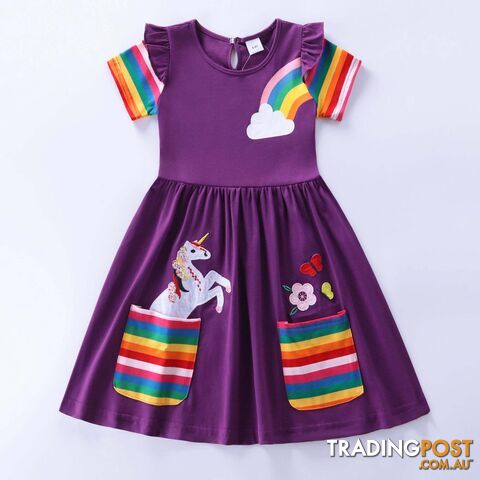Purple / 6-7YZippay Girls Short Sleeve Unicorn Dress New Summer Embroidered Two Pockets Rainbow Sleeve