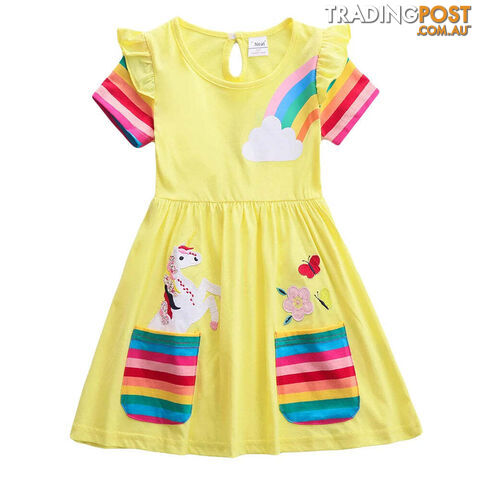 Yellow / 7-8YZippay Girls Short Sleeve Unicorn Dress New Summer Embroidered Two Pockets Rainbow Sleeve
