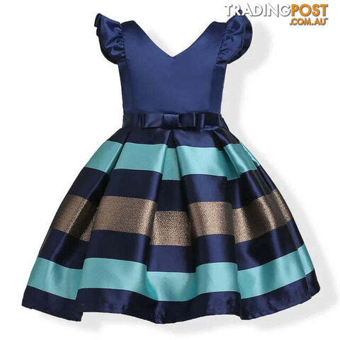 Navy / 2-3TZippay Girls Striped Flying Sleeve Bow Knot Colored Dress Birthday Party Wedding Flower