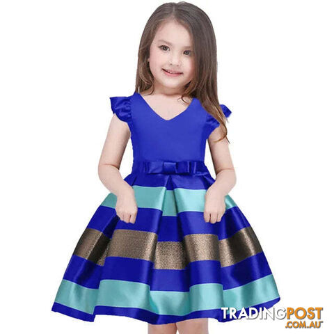 Blue / 6-7Zippay Girls Striped Flying Sleeve Bow Knot Colored Dress Birthday Party Wedding Flower