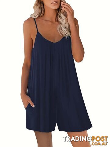 dark blue / XXLZippay Women's Casual Strap Shorts Solid Round Neck Loose Pocket Jumpsuit