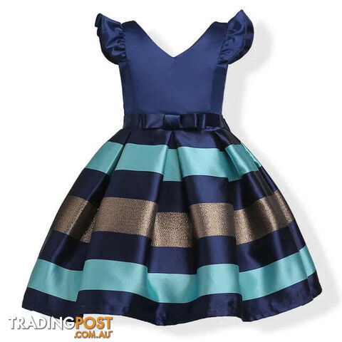 Navy / 8Zippay Girls Striped Flying Sleeve Bow Knot Colored Dress Birthday Party Wedding Flower