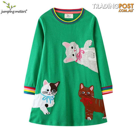 T7819 cats / 7TZippay Children's School Dresses With Pockets Pen Embroidery Long Sleeve Autumn Kids Preppy Style Dress