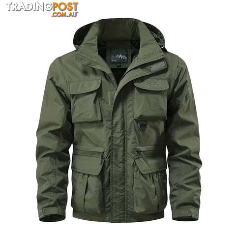 Army Green / MZippay Detachable windproof hooded jacket men's casual waterproof multi bag cargo jacket vest