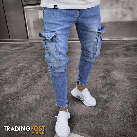 F806 Blue / XXXL 96cmZippay Men's Slim Fit Stretch Jeans Casual Fashion Multi Pocket Cargo Denim Pants High Street Men's Jeans Work Hip Hop Trousers