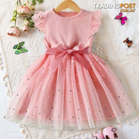 A01981-F / 4TZippay Girls Summer Sleeves Sequins Mesh Dresses for Kids Girls Princess Dress Baby Girl Casual Wear
