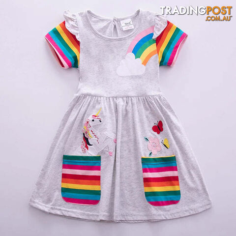 Gray / 3-4YZippay Girls Short Sleeve Unicorn Dress New Summer Embroidered Two Pockets Rainbow Sleeve