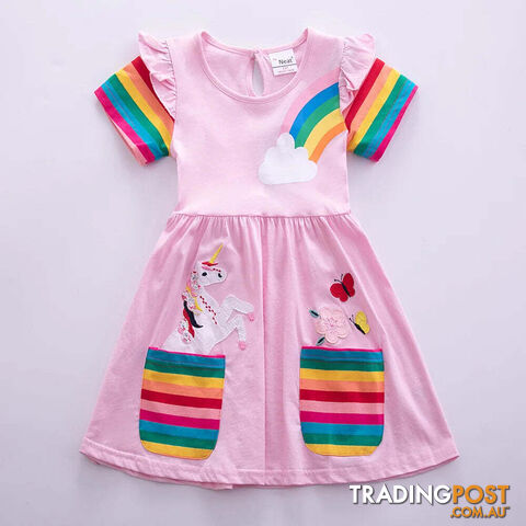 Pink / 6-7YZippay Girls Short Sleeve Unicorn Dress New Summer Embroidered Two Pockets Rainbow Sleeve