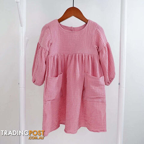 Dusty-Pink / 5TZippay Children's Organic Cotton Double Gauze Loose Pockets Baby Girls Dress Fashion Princess Casual Kids Dresses