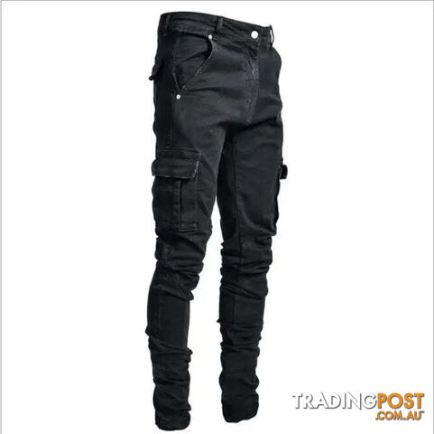 L0066 Black / XL Waist 88cmZippay Men's Slim Fit Stretch Jeans Casual Fashion Multi Pocket Cargo Denim Pants High Street Men's Jeans Work Hip Hop Trousers