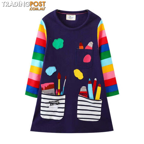 T7824 Navy / 3TZippay Children's School Dresses With Pockets Pen Embroidery Long Sleeve Autumn Kids Preppy Style Dress