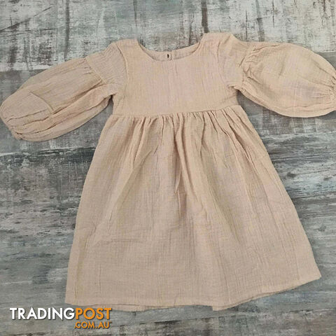 beige / 1TZippay Children's Organic Cotton Double Gauze Loose Pockets Baby Girls Dress Fashion Princess Casual Kids Dresses