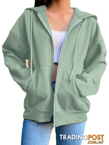 green / LZippay Fleece Hoodie Hooded Sweatshirts Long Sleeve Top Drawstring Pockets Loose Zipper Black Hoodies
