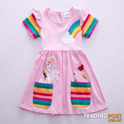 Pink / 3-4YZippay Girls Short Sleeve Unicorn Dress New Summer Embroidered Two Pockets Rainbow Sleeve