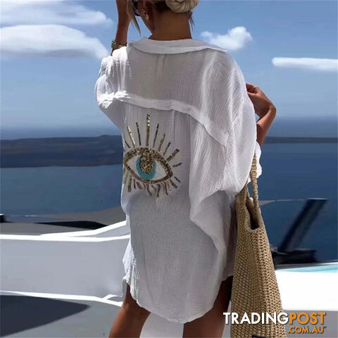 WHITE / XXLZippay Women Casual Sequin Eye Shirt Dress Summer Fashion Beach Style Loose Button Sun Protection Cotton Linen Shirt Geometric Eye Tops