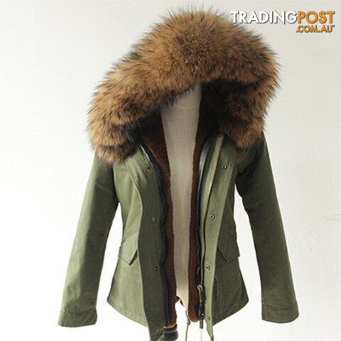 Greenparka brown fur / MZippay Women Winter Army Green Jacket Coats Thick Parkas Plus Size Real Fur Collar Hooded Outwear