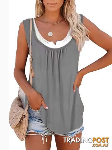 GRAY / MZippay Womens blouse solid color patchwork sleeveless pleated vest T-shirt
