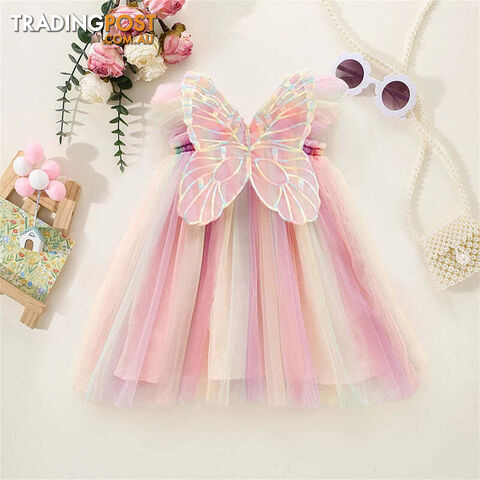 A01980-F / 5TZippay Butterfly Mesh Flying Sleeve Dress Girls Dresses Girls Summer Casual Wear Children's Clothes