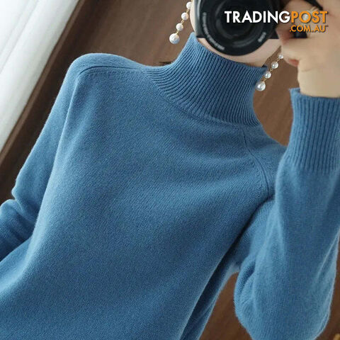 Blue / MZippay Turtleneck Pullover Cashmere Sweater Women Pure Color Casual Long-sleeved Loose