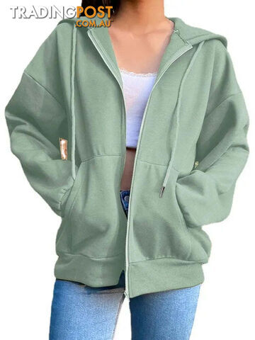 green / MZippay Fleece Hoodie Hooded Sweatshirts Long Sleeve Top Drawstring Pockets Loose Zipper Black Hoodies