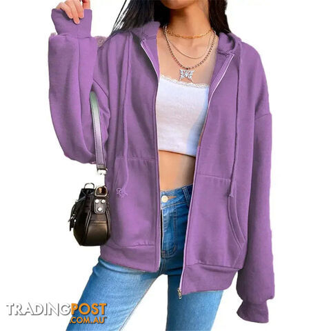 Purple / MZippay Fleece Hoodie Hooded Sweatshirts Long Sleeve Top Drawstring Pockets Loose Zipper Black Hoodies