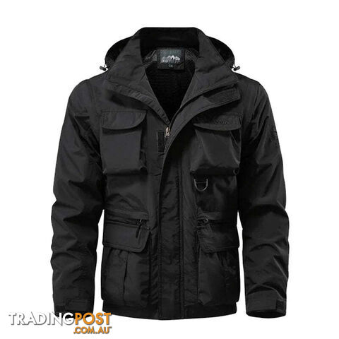 Black / LZippay Detachable windproof hooded jacket men's casual waterproof multi bag cargo jacket vest