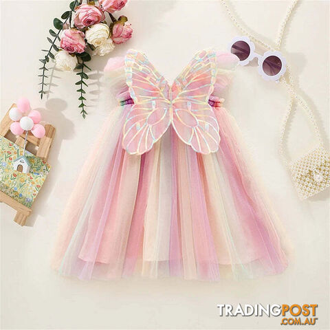 A01980-F / 9-12MZippay Butterfly Mesh Flying Sleeve Dress Girls Dresses Girls Summer Casual Wear Children's Clothes