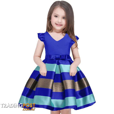 Blue / 5Zippay Girls Striped Flying Sleeve Bow Knot Colored Dress Birthday Party Wedding Flower
