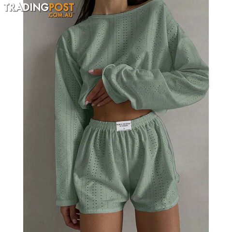 Green / 2XLZippay Women's Pajamas Set Spring Long Sleeve Tops With Shorts Sleepwear 2 Piece Set Loose Round Neck Home Wear Loungewear Pyjama Femme