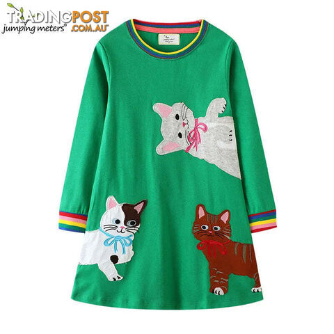 T7819 cats / 4TZippay Children's School Dresses With Pockets Pen Embroidery Long Sleeve Autumn Kids Preppy Style Dress