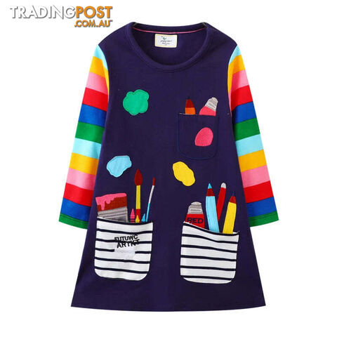 T7824 Navy / 2TZippay Children's School Dresses With Pockets Pen Embroidery Long Sleeve Autumn Kids Preppy Style Dress