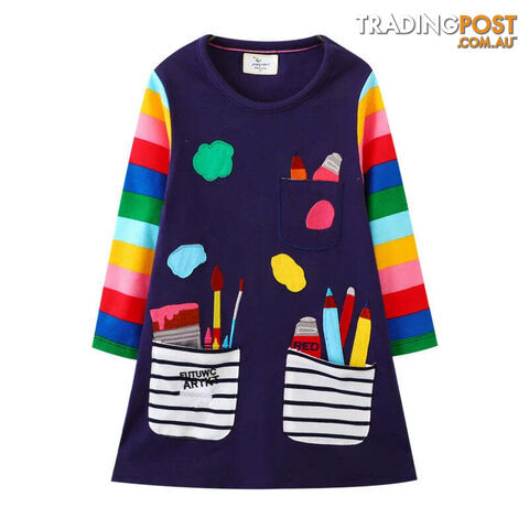 T7824 Navy / 5TZippay Children's School Dresses With Pockets Pen Embroidery Long Sleeve Autumn Kids Preppy Style Dress