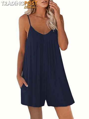 dark blue / XXXLZippay Women's Casual Strap Shorts Solid Round Neck Loose Pocket Jumpsuit