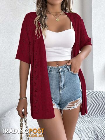Burgundy / SZippay Casual Solid Color Hollow Out Knitted Cardigan Sun Proof Tops for Women