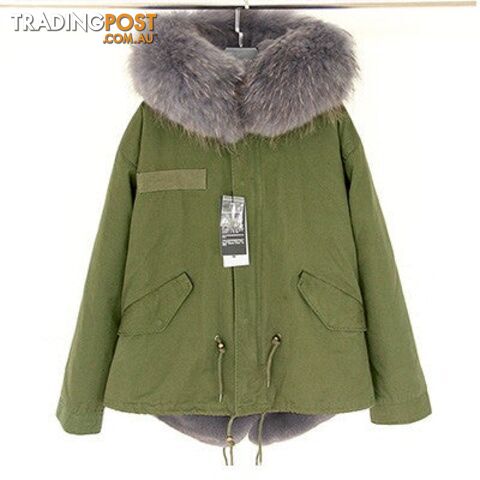Green parka grey fur / XLZippay Women Winter Army Green Jacket Coats Thick Parkas Plus Size Real Fur Collar Hooded Outwear