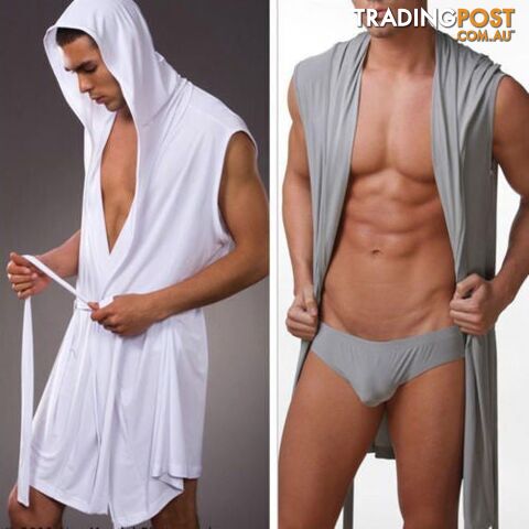 Brown / LZippay Men Leisure Underwear Lounge Robe Hooded Loungewear Meryl Silk Soft Gown Pajamas