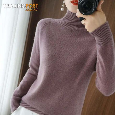 Dark Purple / SZippay Turtleneck Pullover Cashmere Sweater Women Pure Color Casual Long-sleeved Loose