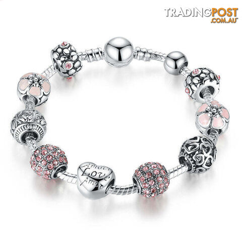 18cm LengthZippay Antique 925 Silver Charm Fit Pan Bangle & Bracelet with Love and Flower Crystal Ball for Women Wedding PA1455