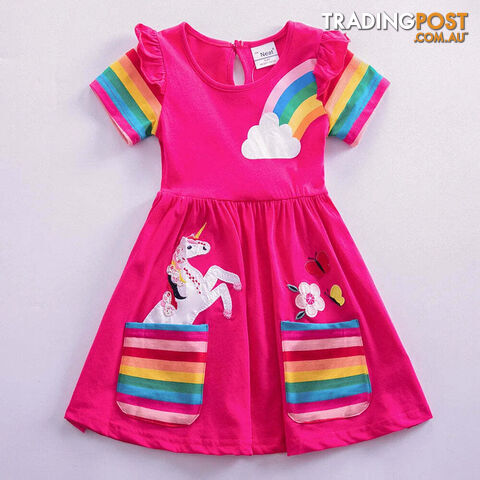 Fuchsia / 7-8YZippay Girls Short Sleeve Unicorn Dress New Summer Embroidered Two Pockets Rainbow Sleeve
